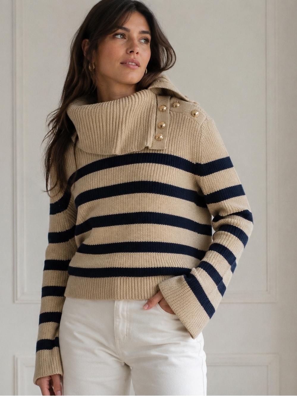 LOFT Beige & Navy Striped Cowl Neck Sweater with Button Detail Bell Sleeves